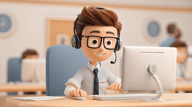 A cheerful cartoon man wearing glasses and a headset sits at a computer desk in an office setting
