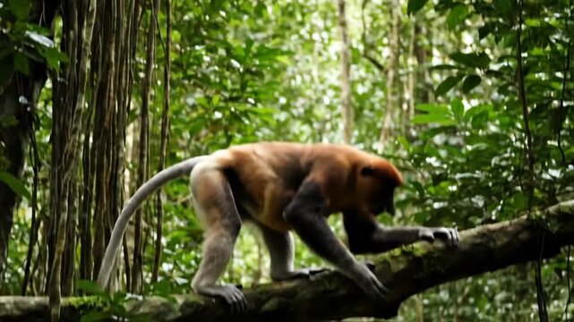 Proboscis Monkey Resting on a Tree Branch in a Lush Rainforest Habitat