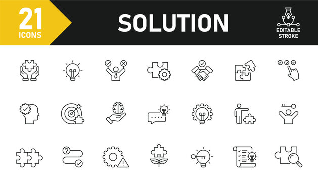 Solution line icon set. Set of 21 outline icons related to problem solving, solution, resolve, answer, puzzle, ideas and others. Editable stroke. Vector illustration.