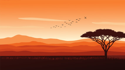 Fototapeta premium African Savannah Sunset Vector Illustration with Silhouette of Acacia Tree and Birds Flying