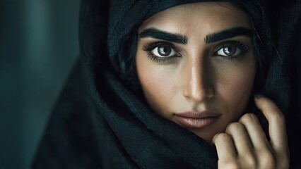 Naklejka premium A portrait of a young Arab fashion model wearing a dark black hijab and religious veil that frames her face and eyes with a beautiful eastern expression