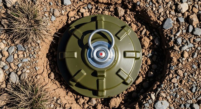 Anti personnel landmine buried underground in a desert terrain with dry grass and rocks surrounding it