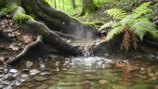 A moss covered tree root system intertwines with a small flowing stream in a lush green forest Sunlight filters through the dense canopy above illuminating the natural scene