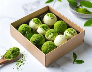 Elegant white chocolate truffle with matcha green tea powder coating