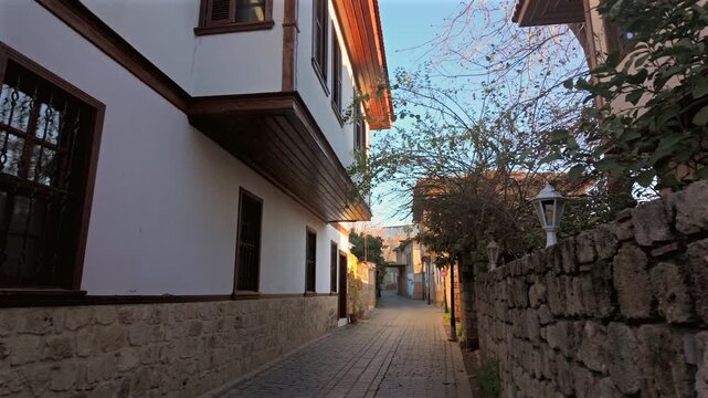 Old Ottoman houses in the narrow streets of Antalya Old Town Kaleici district