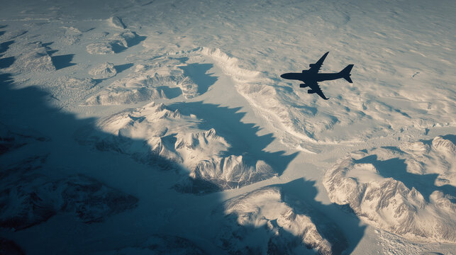 Airplane shadow over icy Greenland from above.