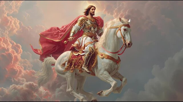 Jesus Christ Riding White Horse Through Clouds, Cinematic, Dramatic Lighting, Religious Concept, Victory Symbolism