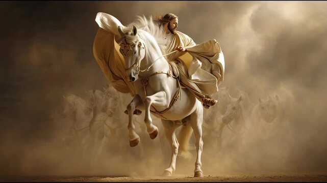 Jesus on White Horse Ascending Cinematic Shot Dramatic Lighting Spiritual Concept