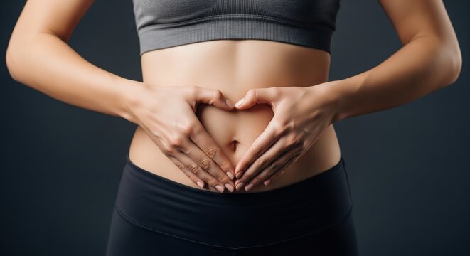 Female abdomen with hands forming heart shape, representing digestive health, gut care, metabolic balance, hormone regulation, and preventive medicine concept in modern healthcare