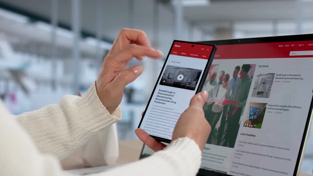 Busy Professional Woman Scrolling News On Multiple Devices