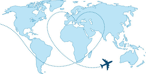 World map with airplane and heart-shaped flight path, global travel and connection theme, tourism concept, flat vector illustration © MtMoyouri