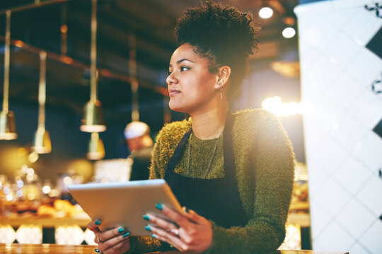 Cafe, online and woman with tablet, thinking and digital reservation on website, barista and serious. Coffee shop, waitress and person with tech for menu, reflection and hospitality in small business
