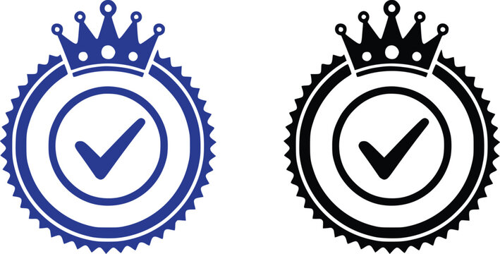 Certified quality badge with checkmark in blue and black gear crown emblems