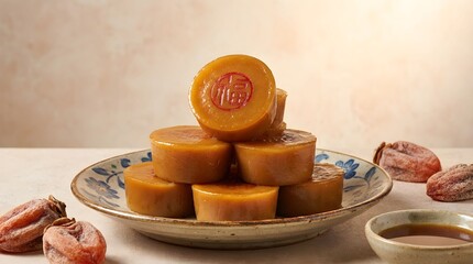Stack of traditional round cakes on a plate with dried fruit beside it during a festive gathering or celebration event Generative AI