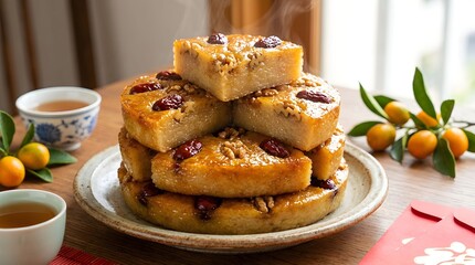 Chinese dessert steamed cake made with rice flour, dried fruits, and nuts on a plate served with tea in a cozy indoor setting Generative AI