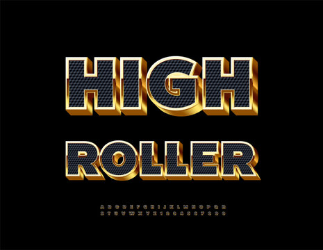 Vector Elite icon High Roller. Awesome 3D Font. Elite Black and Gold Alphabet Letters and Numbers set.