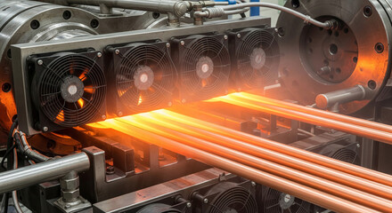 Close-up of the air cooling system in a copper extrusion die, showing fans blowing cool air over the copper rods, quickly lowering the temperature and removing heat