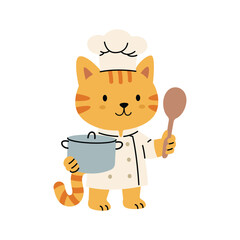 Cute Cat Chef Cooking with Pot and Spoon Vector Illustration