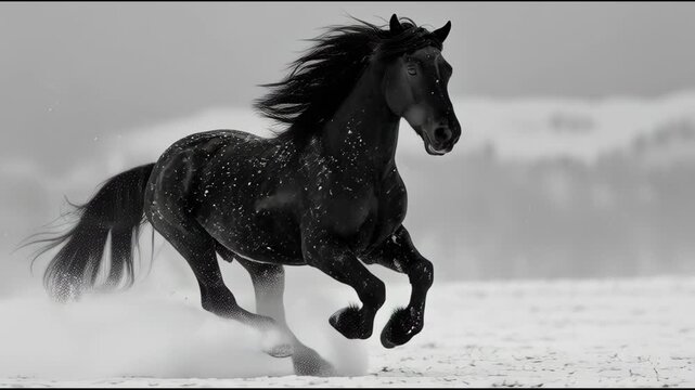 Majestic Black Horse Galloping Through Snowy Landscape, Cinematic Slow Motion, Dramatic Winter Scene, Powerful Equine Motion