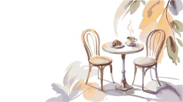 Watercolor painting of an outdoor cafe scene with two chairs and a table.
