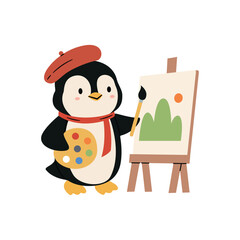 Cute Penguin Artist Painting on Canvas Vector Illustration