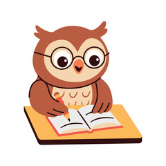 Focused Owl Writing and Studying at Desk Vector Illustration