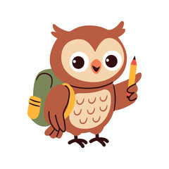 Cute Happy Owl Student Holding Pencil and Backpack Vector Illustration