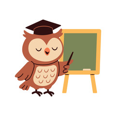 Cute Wise Owl Teacher Explaining at Blackboard Vector Illustration