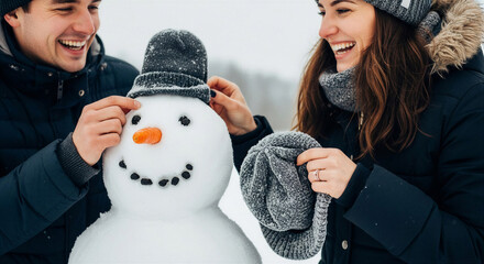 Young couple decorating snowman with hat and scarf in winter landscape  