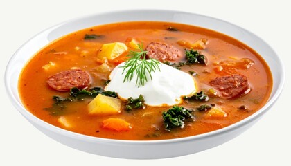Bowl of Hearty Zuppa Toscana Soup, Tuscan Style Soup with Italian Sausage, Potato, Kale, and Cream, Served Hot, Isolated on White