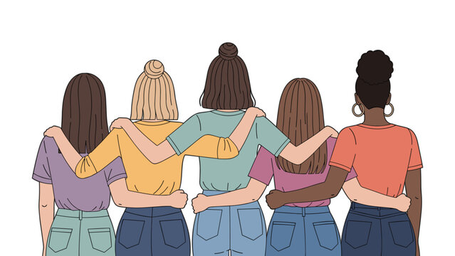 Bright digital illustration of five diverse women embracing shoulders from the back, symbolizing supportive sisterhood and empowerment.