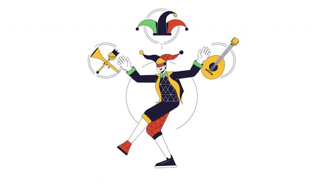 Jester brand archetype 2D animation. Joy humor. Entertainer spontaneity. Comedy spirit. Cheerful carefree clown trickster animated character cartoon flat concept metaphor 4K video isolated on white