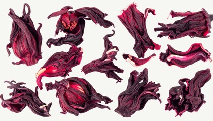 Dried Hibiscus Flowers Isolated on White Background, Deep Red Floral Herb for Tea Infusion and Wellness Drink Concept