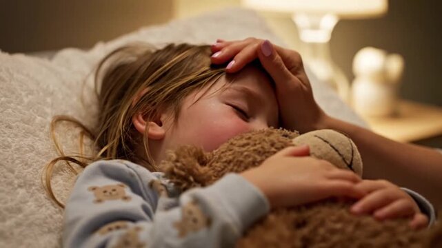 Sick Little Girl Sleeping Peacefully with Teddy Bear while Mother Checks Her Temperature for Fever in a Warmly Lit Bedroom at Nighttime