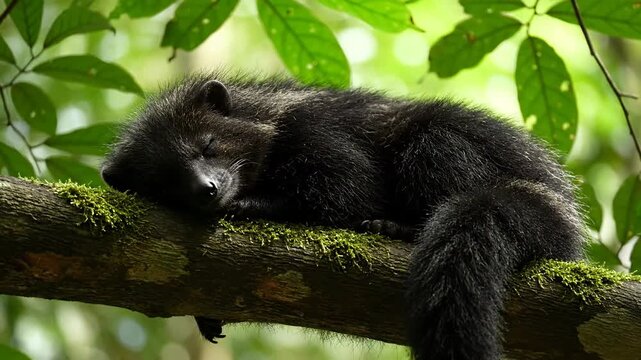 Binturong resting on mossy jungle tree branch