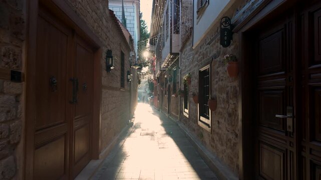 Old Ottoman houses in the narrow streets of Antalya Old Town Kaleici district