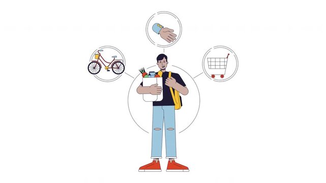 Everyman brand archetype 2D animation. Relatable humble lifestyle. Neighbor belonging. Ordinary man holding groceries animated character cartoon flat concept metaphor 4K video isolated on white