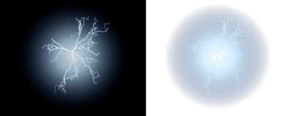 Abstract glowing blue and white energy network with branching lines and sphere, luminous digital design isolated on transparent background.