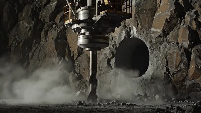 A large drilling machine bores into a cavern wall, creating dust and rubble
