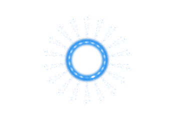 Energetic blue glowing circle with radiant sparkling light rays, futuristic abstract graphic isolated on transparent background