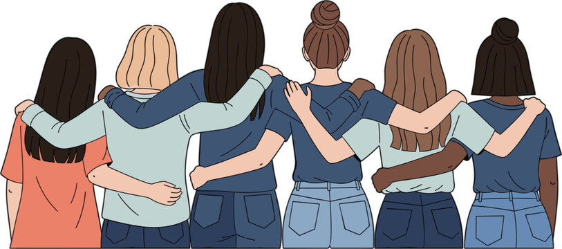 Six diverse women embrace in a unified, blue flat vector illustration, seen from the back against a white background, celebrating women's day.