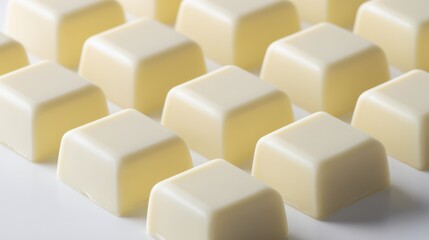 Minimalist still life: glossy white chocolate pieces in a precise grid