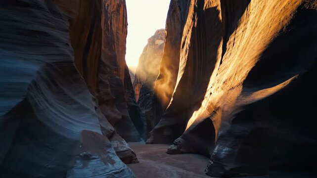 Sunlight filters into a narrow desert canyon illuminating dramatic sandstone formations The rugged path winds through towering walls creating a breathtaking natural spectacle