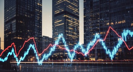 Cityscape Financial Rise Stock Market Growth in Urban Nightscape.