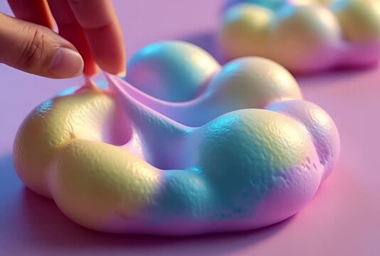 Close-up of a hand squeezing a colorful, squishy anti-stress toy on a vibrant pink background, showcasing its satisfying tactile quality and slow rebound