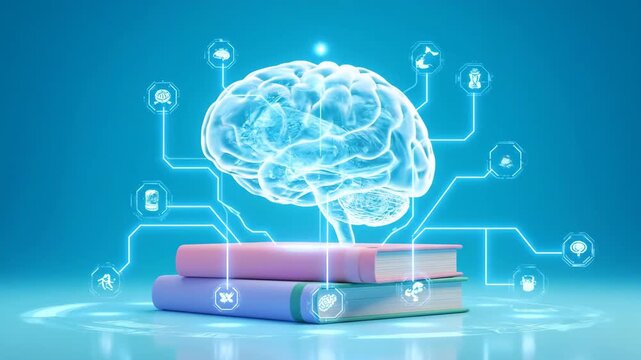 Glowing holographic brain floats above stack of books with digital network icons.