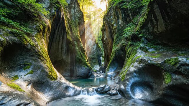 A narrow gorge carved by water reveals moss covered rocks and a flowing stream Sunlight filters through the canyon illuminating the lush green surroundings