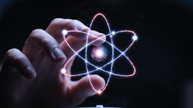 Glowing Atom Model with Hand Interaction Representing Quantum Physics Research and Nuclear Energy Concepts in Dark Laboratory Setting
