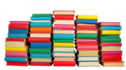 Brightly colored books stacked in an artistic arrangement against a dark background