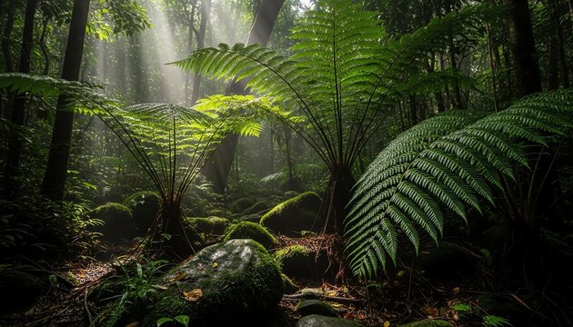 Serene Jungle Floor with Dappled Sunlight After Rain